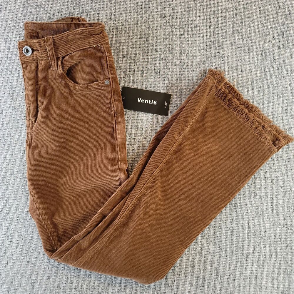 Venti6 Corduroy Kick Flare Crop Pants Size XS Cognac Brown Frayed Raw Hem NWT